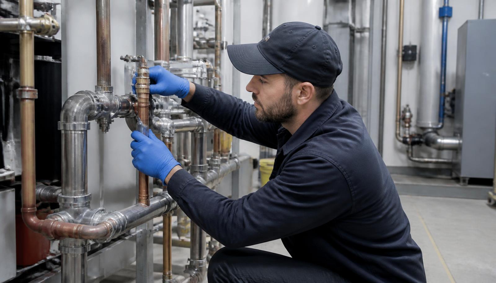 Plumber servicing pipework in a commercial mechanical room in St. Catharines
