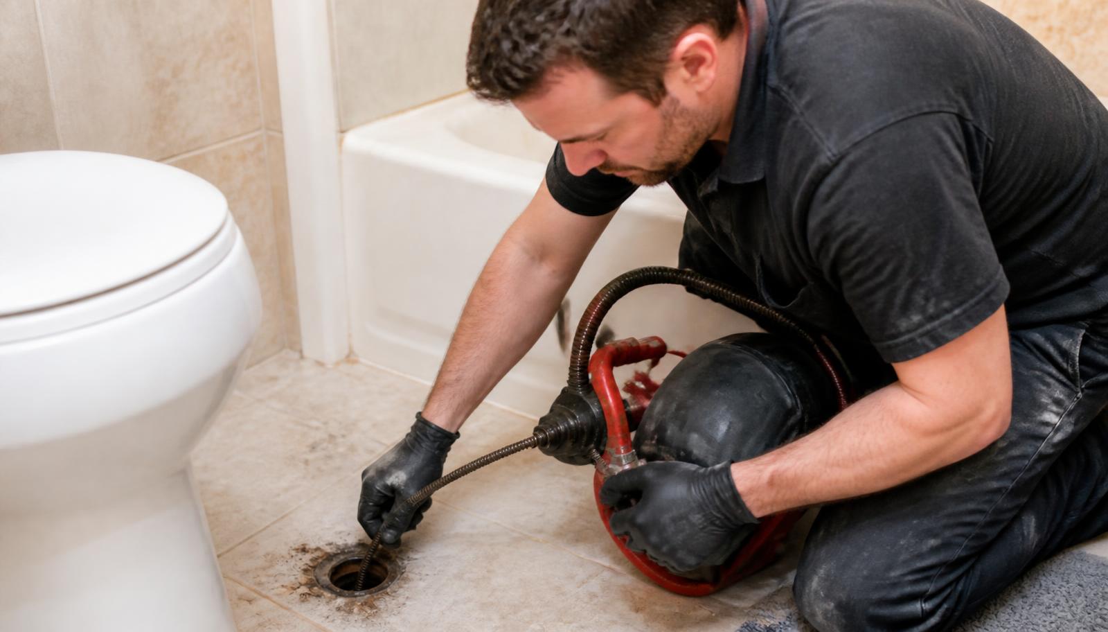 Plumber clearing a blocked bathroom floor drain with a drain auger