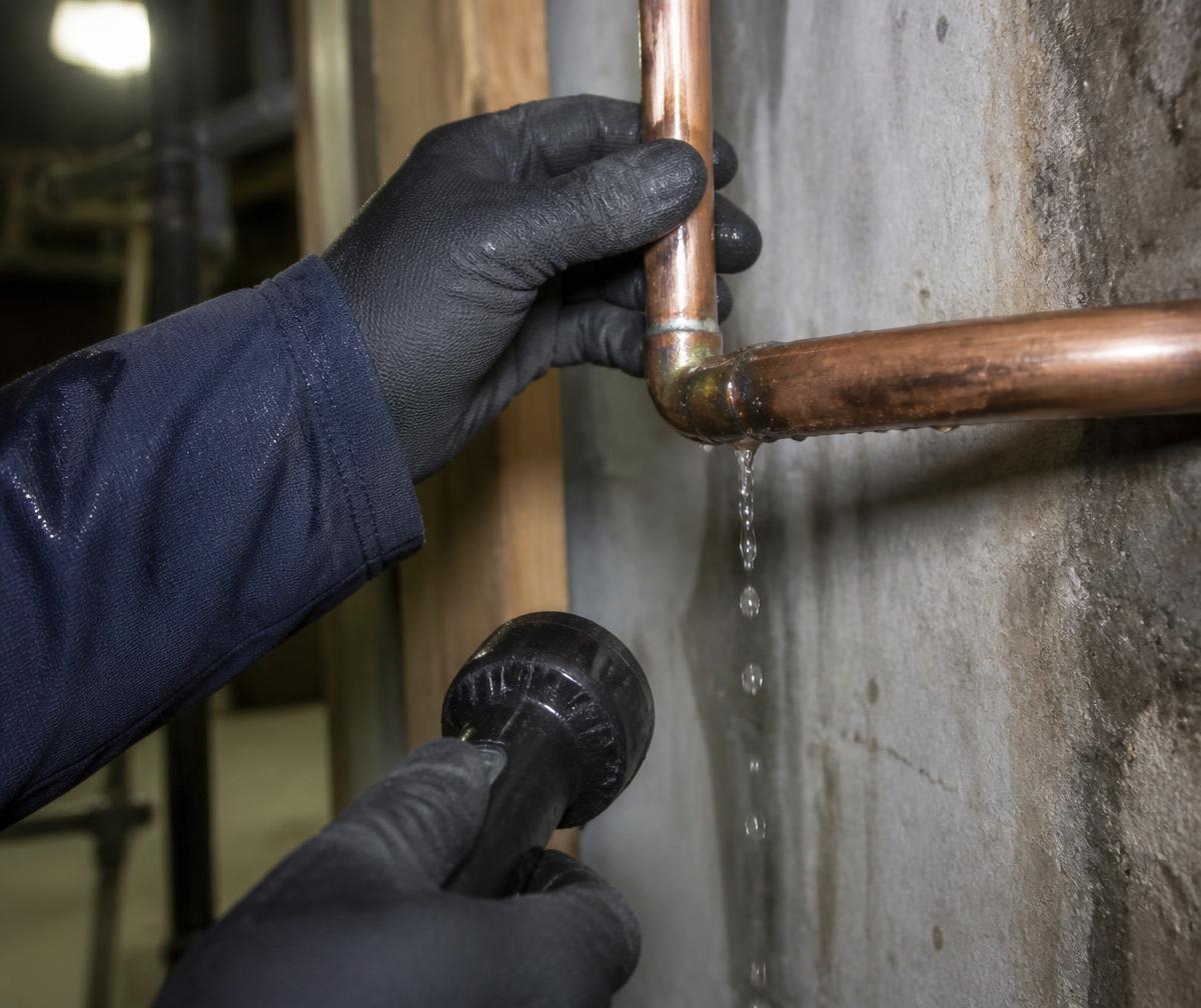 Gloved hands checking a dripping copper pipe joint in a basement