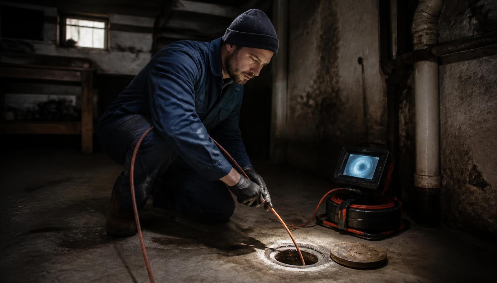 Sewer camera cable fed into a basement floor cleanout during an inspection