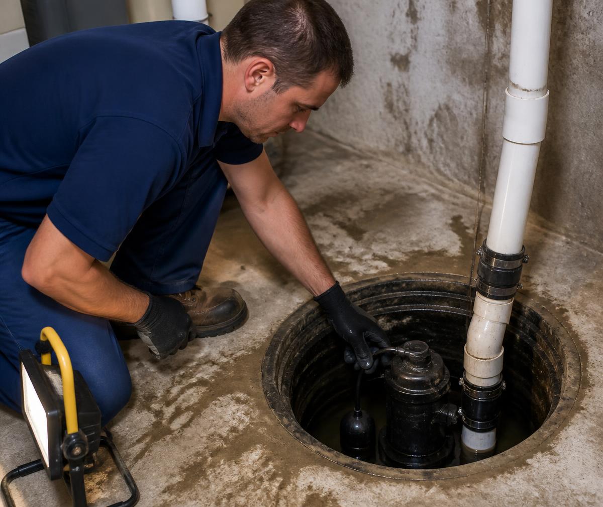 Plumber checking a sump pump and float switch inside a basement sump pit